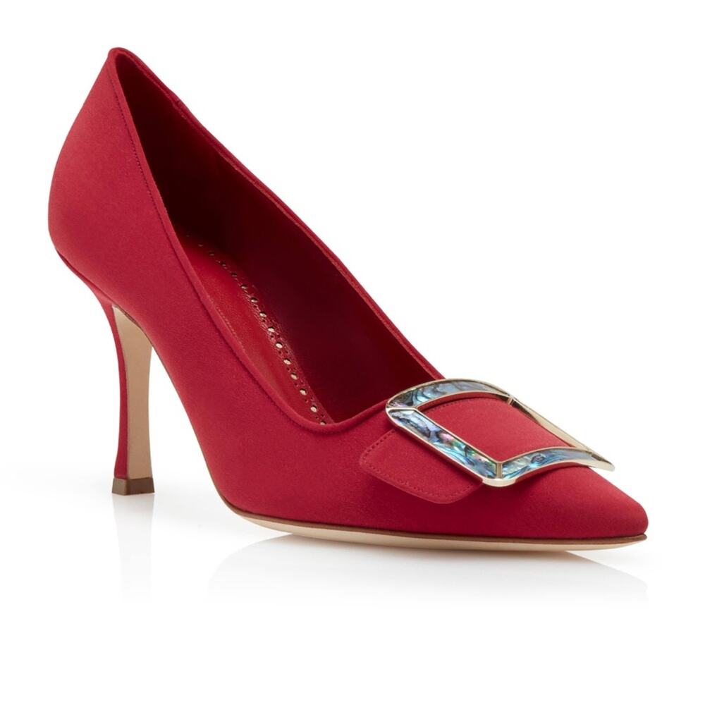 NWT NEW Manolo Blahnik Maysale Buckle Pump Crepe De Chine Red size 37.5 EU